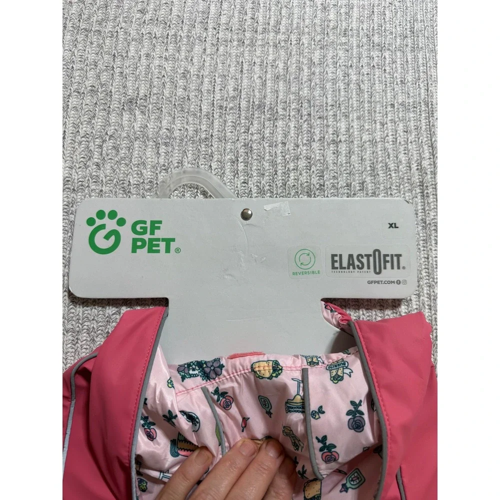 GF Pet Raincoat Dog XL Pink Reversible ElastoFit Fiesta Print Hooded Jacket